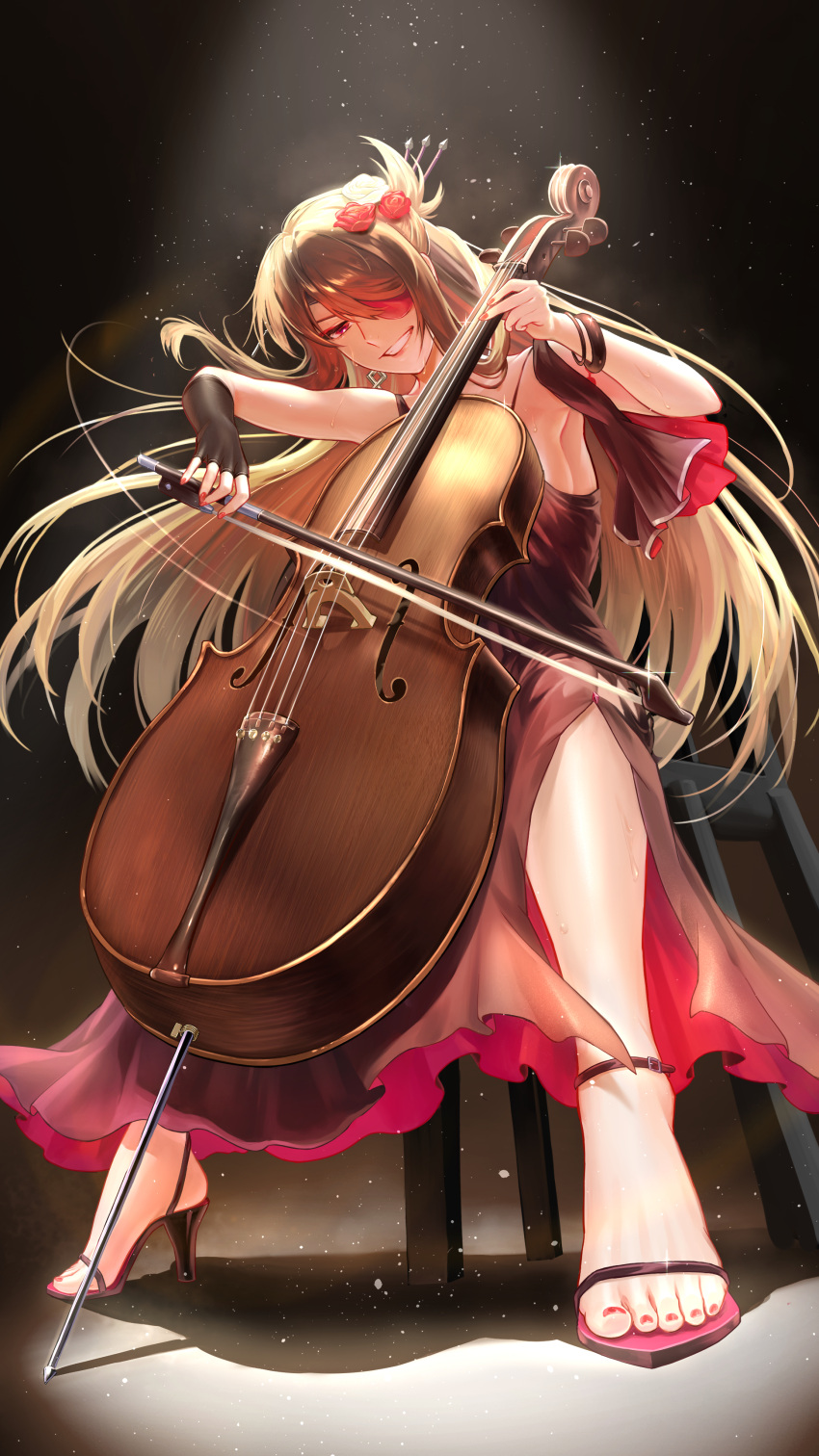 absurdres alternate_costume armpits arms_up beidou_(genshin_impact) bow_(music) breasts cello chair colored_eyepatch dress earrings eyepatch female fingerless_gloves fingernails flower from_below full_body genshin_impact gloves grin hair_flower hair_ornament hair_stick high_heels highres holding holding_bow_(music) instrument jewelry large_breasts long_hair looking_at_object looking_down music nail_polish on_chair one_eye_covered parted_bangs playing_instrument red_eyes red_nails sideboob single_glove sitting smile solo spaghetti_strap sweat toenail_polish toenails toes very_long_hair yuutarou_(hotter_0105_tarou)