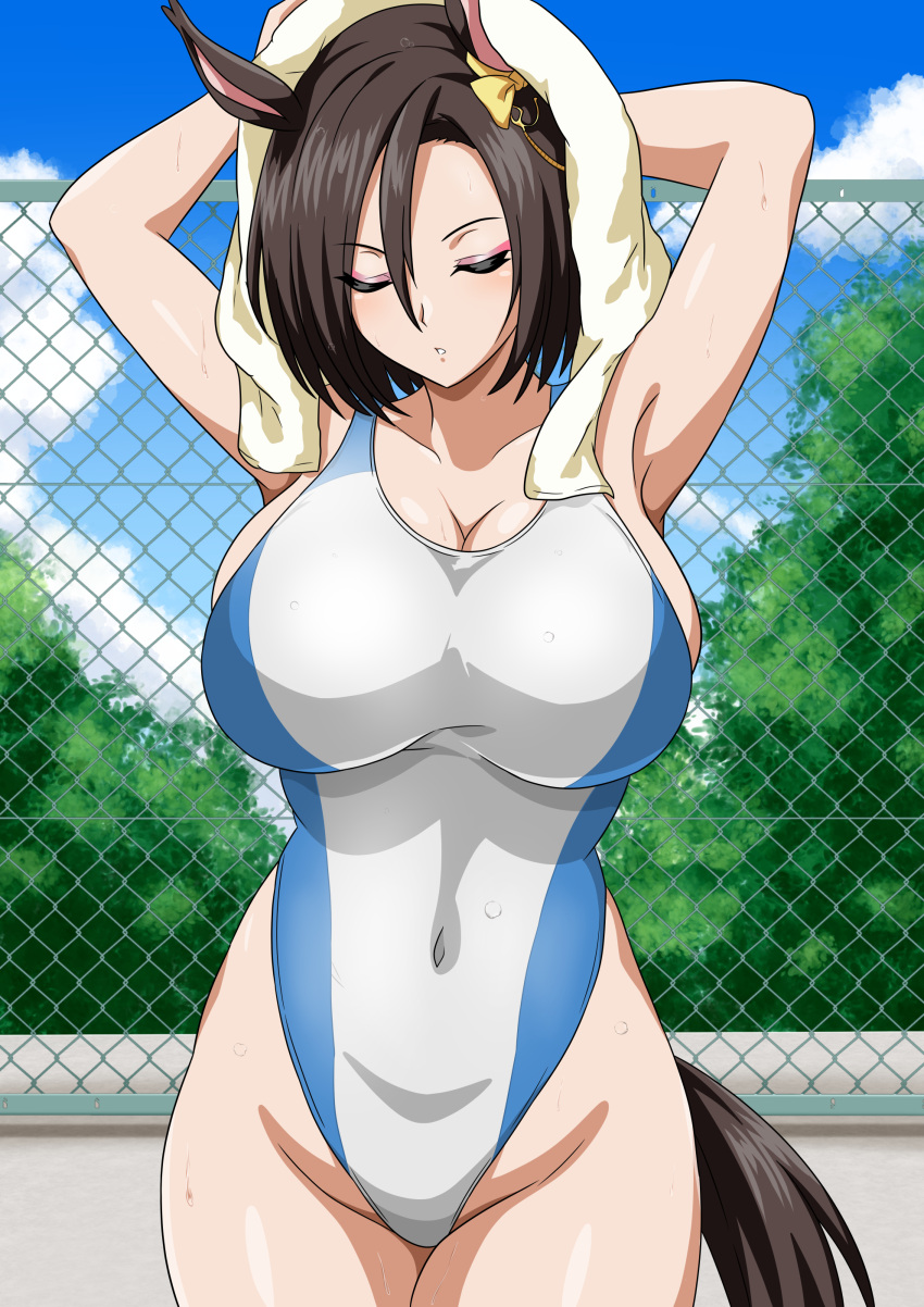 absurdres air_groove_(umamusume) animal_ears armpits black_hair blue_sky breasts bush chain-link_fence cloud competition_swimsuit cowboy_shot day facing_viewer female fence hair_between_eyes highleg highleg_one-piece_swimsuit highres horse_ears horse_girl horse_tail large_breasts one-piece_swimsuit outdoors short_hair sky solo swimsuit tail towel towel_on_head two-tone_swimsuit umamusume white_one-piece_swimsuit yuuyuu_(3jjbn)