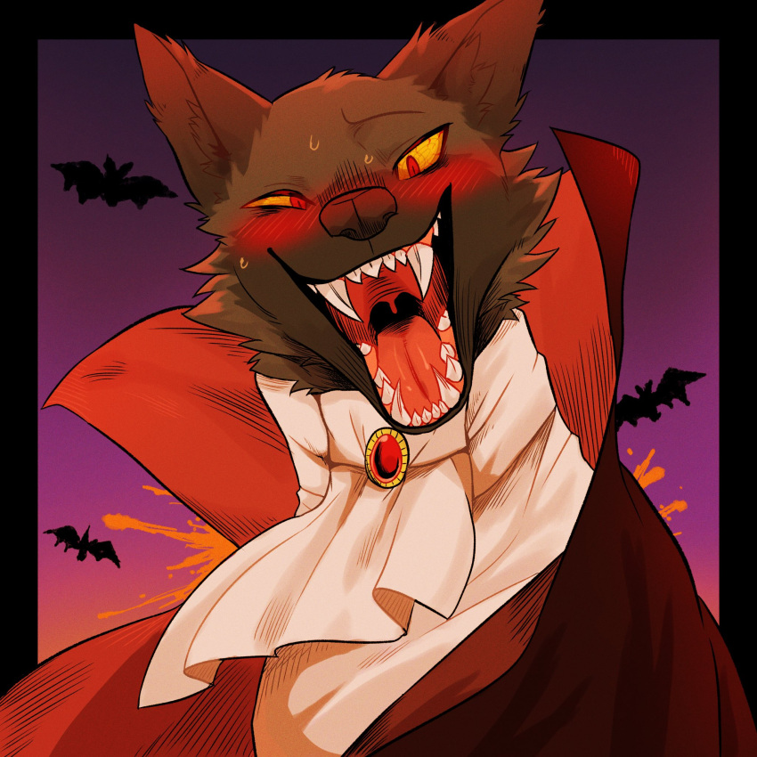 2024 ambiguous_gender bat_(shape) black_body black_ears black_fur black_inner_ear_fluff black_nose blush canid canine cloak clothing costume digital_media_(artwork) feral fox fur gaping_mouth grey_body grey_fur halloween halloween_costume hi_res holidays inner_ear_fluff kuroko_(kurumilky6) kurumilky6 mammal one_eye_half-closed open_mouth pointy_ears prick_ears quadruped red_tongue scarf sharp_teeth solo teeth throat tongue tuft uvula white_scarf yellow_sclera