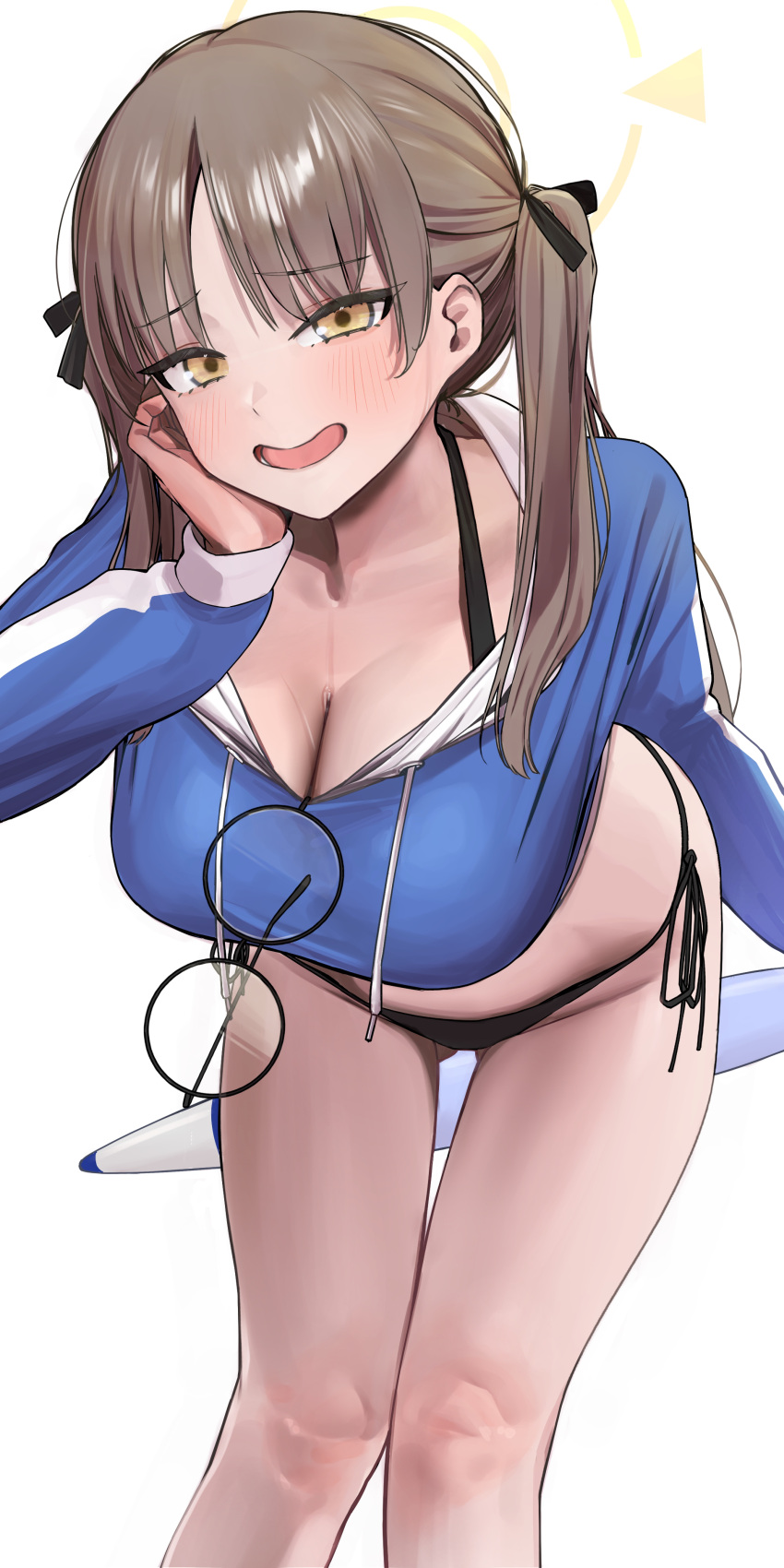 absurdres bikini bikini_bottom_only black_bikini black_bikini_bottom blue_archive blue_hoodie blush breasts brown_hair cleavage commentary_request cropped_hoodie eyewear_hang female halo hand_on_own_face highres hood hoodie inflatable_torpedo large_breasts looking_at_viewer low_twintails moe_(blue_archive) moe_(swimsuit)_(blue_archive) mushioicharax official_alternate_costume rash_guard round_eyewear side-tie_bikini_bottom simple_background smile solo swimsuit twintails unworn_eyewear white_background yellow_eyes yellow_halo