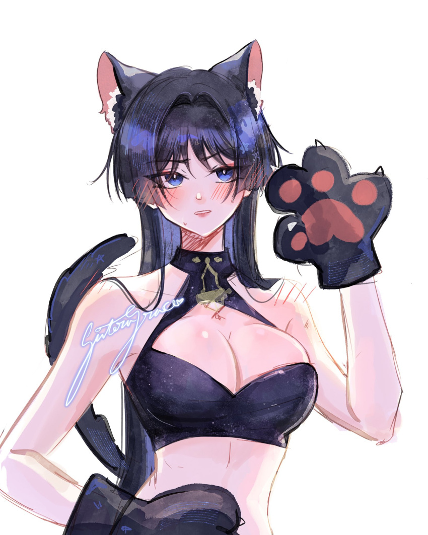 alternate_costume animal_ear_fluff animal_ears animal_hands artist_name bare_shoulders black_collar black_hair black_shirt blue_eyes blunt_ends blush breasts bright_pupils brooch cat_ears cat_paws cat_tail cleavage cleavage_cutout clothing_cutout collar colored_inner_hair crop_top cropped_shirt female genderswap_(mtf) genshin_impact hair_blush hair_intakes hair_over_shoulder hand_up highres jewelry long_hair midriff multicolored_hair parted_lips purple_hair rule_63 scaramouche_(genshin_impact) shirt shoulder_blush sideways_glance signature skin_tight sleeveless sleeveless_shirt slit_pupils solo star_(symbol) star_print suteragrace sweat tail white_background white_mouth white_pupils