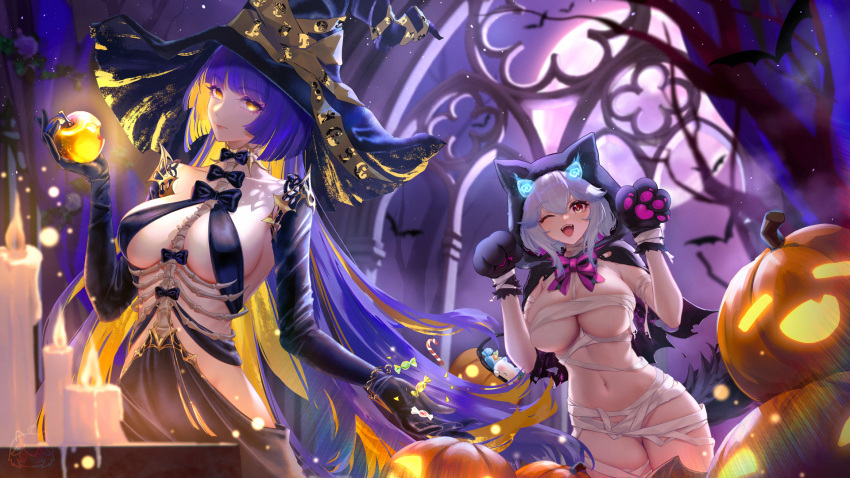 2girls :d animal_ears animal_hood apple black_hood blush breasts candle candlelight character_request colored_inner_hair copyright_request dress food fruit ghost_costume gloves golden_apple halloween halloween_costume happy_halloween hat highres holding holding_food holding_fruit hood large_breasts liu_liaoliao long_hair long_sleeves looking_at_viewer multicolored_hair multiple_girls mummy_costume one_eye_closed open_mouth original paw_pose pumpkin purple_eyes smile very_long_hair witch_hat yellow_eyes