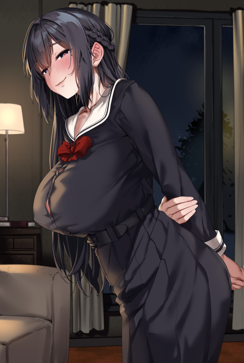 absurdres armchair arms_behind_back black_hair black_shirt black_skirt blue_eyes breasts button_gap chair commentary_request female half_up_braid heart heart-shaped_pupils highres huge_breasts indoors jack_dempa long_hair looking_at_viewer miyamae_shiho_(jack_dempa) mole mole_under_eye original sailor_collar shirt skirt smile solo symbol-shaped_pupils white_sailor_collar