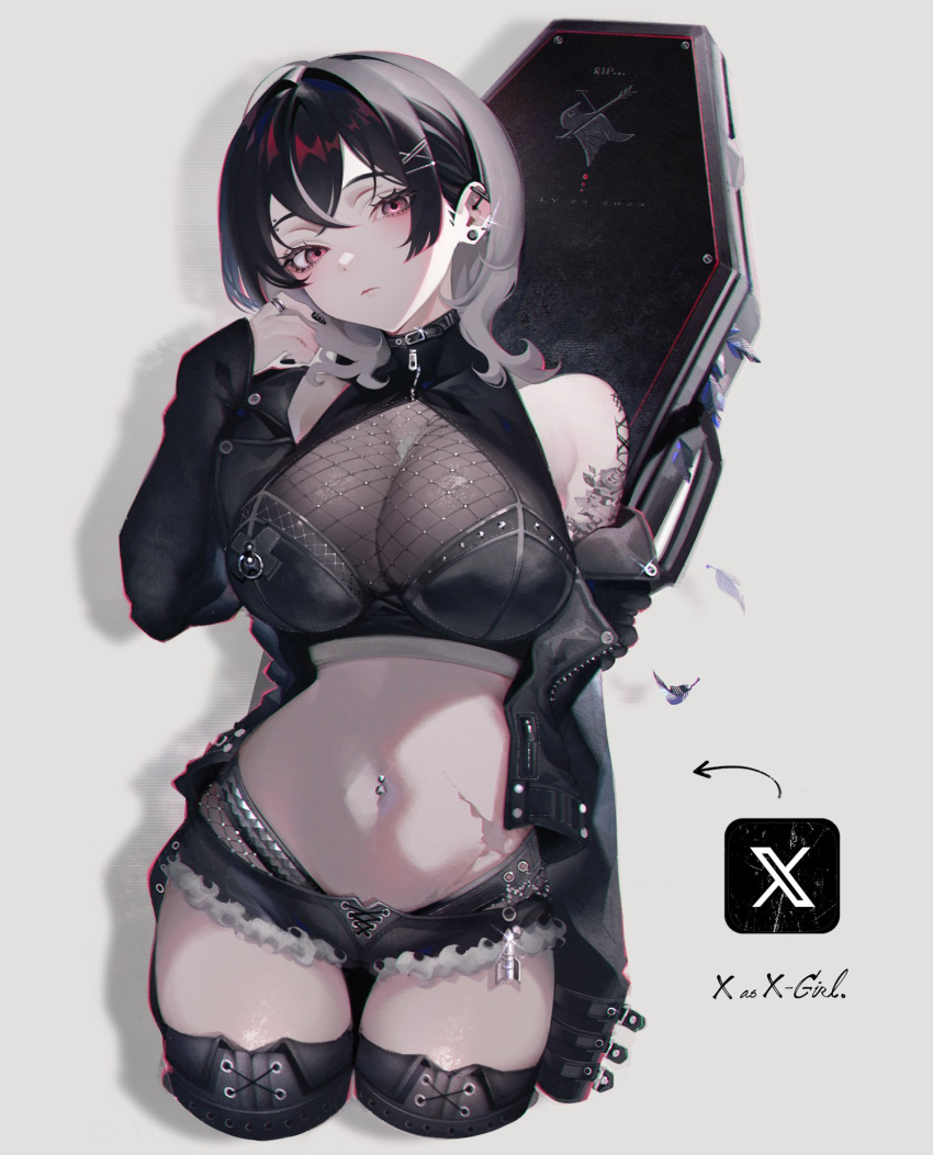 arm_tattoo black_eyes black_footwear black_hair black_jacket black_nails black_shorts boots breasts cleavage coffin female fishnet_top fishnets flower_tattoo hair_ornament highres jacket large_breasts nail_polish navel navel_piercing open_clothes open_jacket personification piercing short_hair short_shorts shorts siiar_(lvlcmxcix) tattoo twitter x_hair_ornament