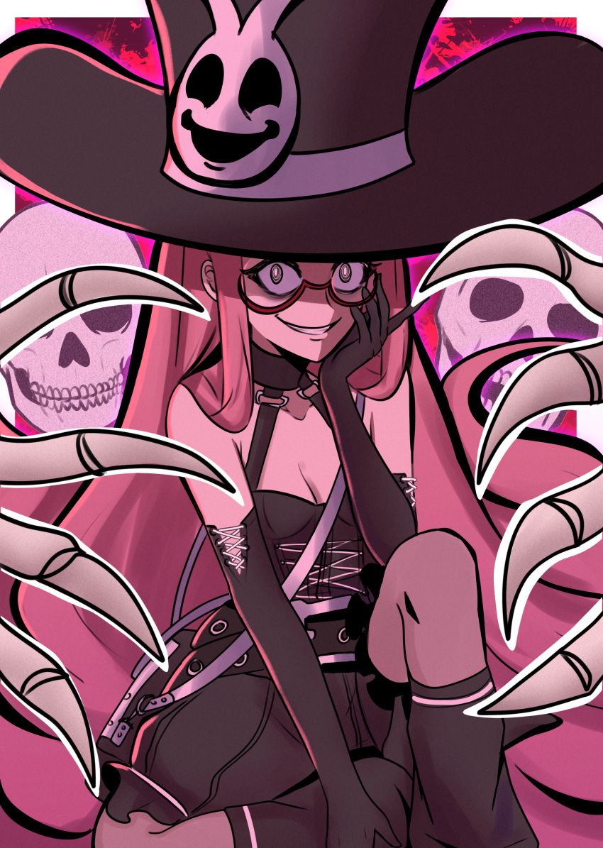 @_@ absurdres baggy_shorts breasts cleavage elbow_gloves female floating_skull glasses gloves grin hat highres lace-up_top large_hat lensless_glasses leotard long_hair looking_at_viewer pink_hair red-framed_eyewear red_seiryu semi-rimless_eyewear skull small_breasts smile solo under-rim_eyewear under_night_in-birth under_night_in-birth_2_sys:celes uzuki_(under_night_in-birth) very_long_hair