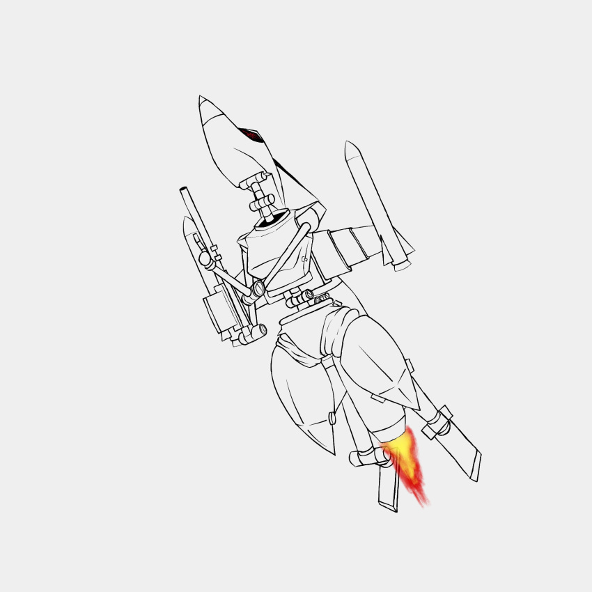 absurd_res aircraft antennae_(anatomy) anthro arm_cannon black_sclera dangling_feet digital_drawing_(artwork) digital_media_(artwork) digitigrade female fire flying heelipmo hi_res living_aircraft living_machine living_spacecraft living_vehicle machine mechanical_arm mechanical_body mechanical_leg mechanical_wings missile monochrome red_eyes robot rocket solo spacecraft thick_thighs vehicle