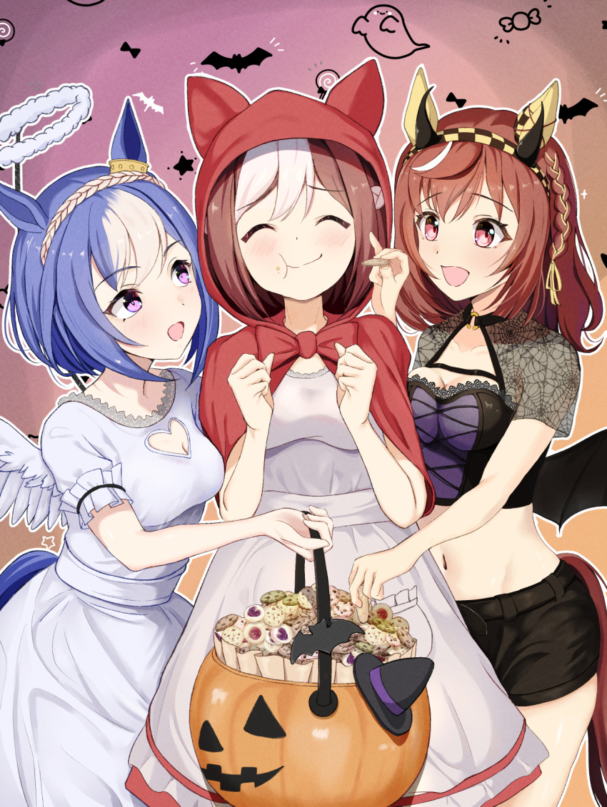 3girls alternate_costume angel_and_devil blue_hair breasts brown_hair buena_vista_(umamusume) cesario_(umamusume) cleavage closed_mouth collarbone commentary_request cookie eating feeding food hair_ornament halloween highres hood hoodie horse_girl medium_breasts medium_hair multiple_girls purple_eyes shuten_(shutehaan) smile special_week_(umamusume) umamusume