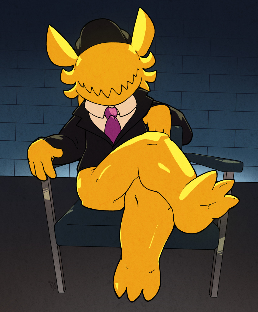 a_hat_in_time argon_vile avian basic_instinct bottomless chair clothed clothing crossed_legs eyeless feet foot_focus furniture hat headgear headwear hi_res jacket looking_at_viewer male necktie partially_clothed sharp_teeth sitting slightly_chubby solo suggestive_pose teeth the_conductor_(ahit) topwear yellow_body