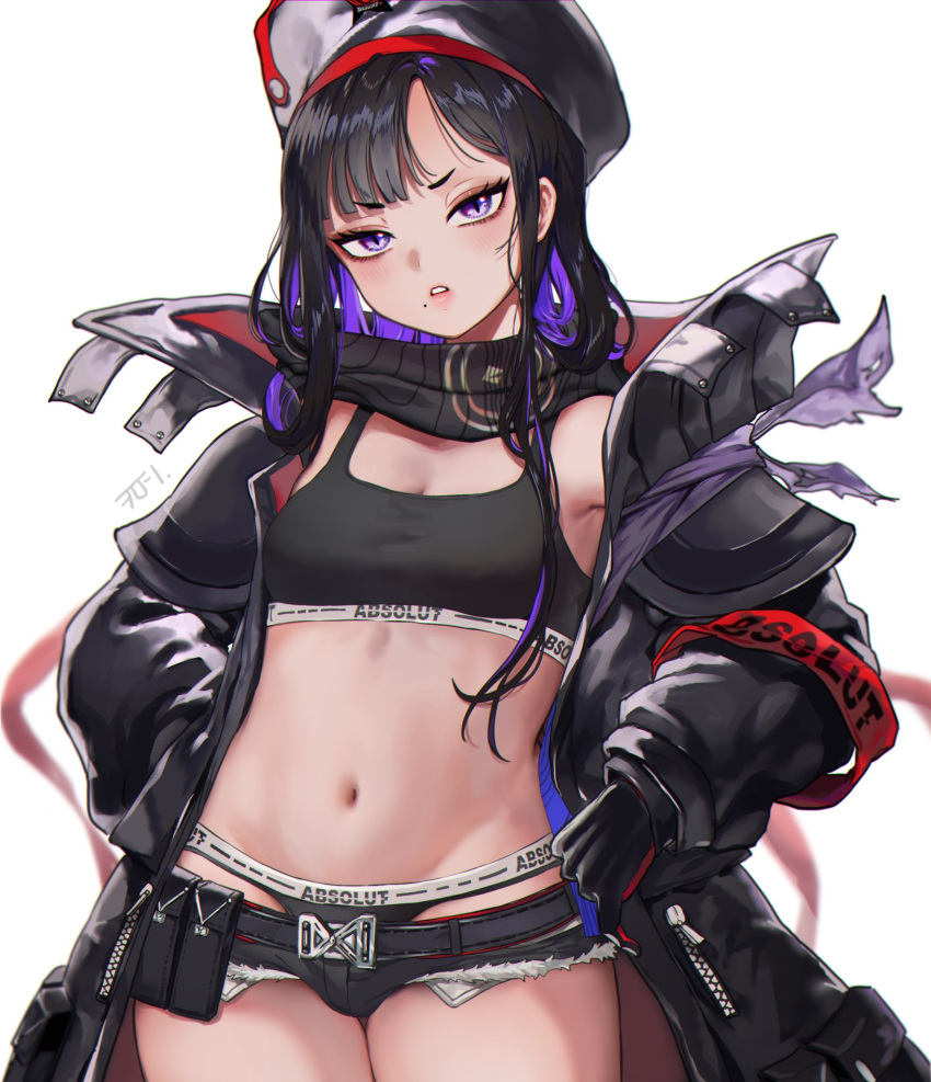 armband armpit_crease asymmetrical_bangs belt belt_pouch beret black_belt black_coat black_gloves black_hair black_hat black_scarf black_shorts black_sports_bra blunt_bangs breasts cleavage coat colored_inner_hair commentary_request cowboy_shot eunhwa_(nikke) exposed_pocket female gloves goddess_of_victory:_nikke groin hand_in_pocket hat highres long_hair long_sleeves looking_at_viewer micro_shorts midriff mole mole_under_mouth multicolored_hair navel off_shoulder official_alternate_costume open_clothes open_coat parted_bangs parted_lips pouch purple_eyes purple_hair red_armband red_gloves scarf shorts simple_background single_bare_shoulder small_breasts solo sports_bikini sports_bra standing two-sided_fabric two-tone_gloves two-tone_hair white_background woro_4 zipper