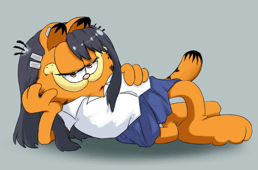 2021 anthro clothing domestic_cat don't_toy_with_me_miss_nagatoro ear_piercing felid feline felis female fur garfield_(series) garfield_the_cat graymonarchart hayase_nagatoro hi_res lying mammal mtf_crossgender orange_body orange_eyes orange_fur piercing rule_63 school_uniform simple_background solo uniform unknownakuma what