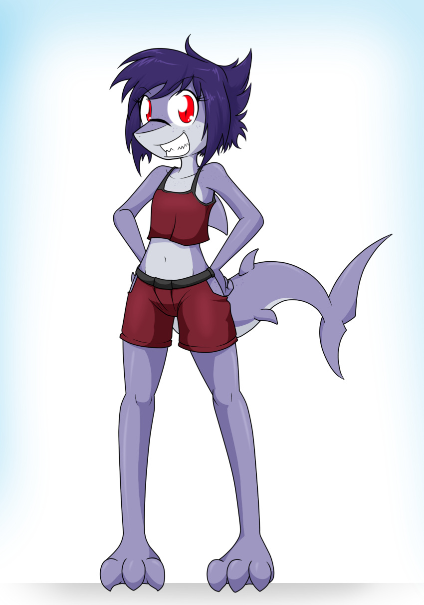 2018 anthro blue_hair bottomwear clothing crop_top digital_media_(artwork) eyelashes feet female fin fish flat_chested freckles grey_body grey_scales hair hands_on_hips hi_res looking_at_viewer marine midriff multicolored_body multicolored_scales navel red_eyes sandwich-anomaly scales shark sharp_teeth shirt shorts simple_background smile solo teeth toes topwear white_background xaenyth_(character)