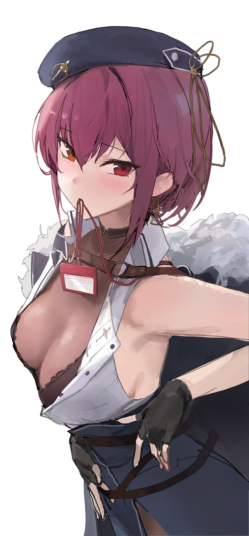 absurdres bare_shoulders black_gloves breasts cleavage collared_shirt earrings female fingerless_gloves gloves hay highres hololive houshou_marine houshou_marine_(businesswoman) id_card jewelry lanyard large_breasts logknn looking_at_viewer official_alternate_costume red_eyes red_hair see-through see-through_cleavage shirt sleeveless sleeveless_shirt solo virtual_youtuber white_background white_shirt