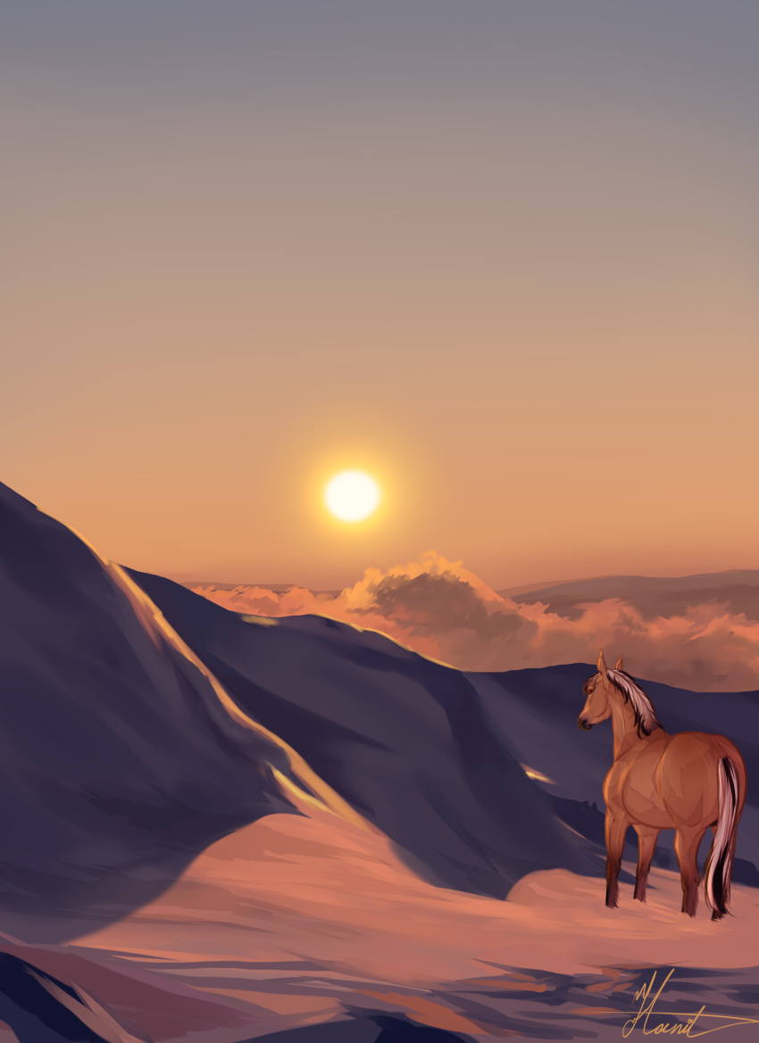 absurd_res arvakr brown_eyes cloud draft_horse equid equine feral fjord_horse hanilimnida hi_res horse light male mammal mountain mountain_range snow solo sun sunlight sunset