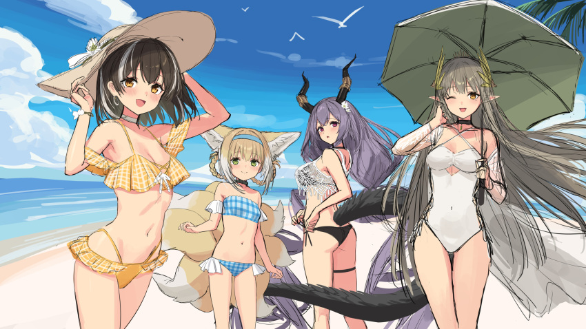 4girls animal_ears arknights ass beach bikini black_bikini blonde_hair blue_bikini blue_hairband blue_sky braid breasts brown_hair brown_headwear cleavage clothing_cutout criss-cross_halter day earrings fox_ears fox_girl fox_tail from_behind green_eyes hair_rings hairband halterneck hat highres holding holding_umbrella jewelry large_breasts long_hair looking_at_viewer magallan_(arknights) muelsyse_(arknights) multicolored_hair multiple_girls multiple_tails navel one-piece_swimsuit outdoors palm_leaf plaid plaid_bikini purple_eyes purple_hair sand sigm@ sky stomach strapless strapless_bikini streaked_hair sun_hat suzuran_(arknights) swimsuit tail typhon_(arknights) umbrella underboob_cutout unfinished very_long_hair water white_hair white_one-piece_swimsuit wind yellow_eyes