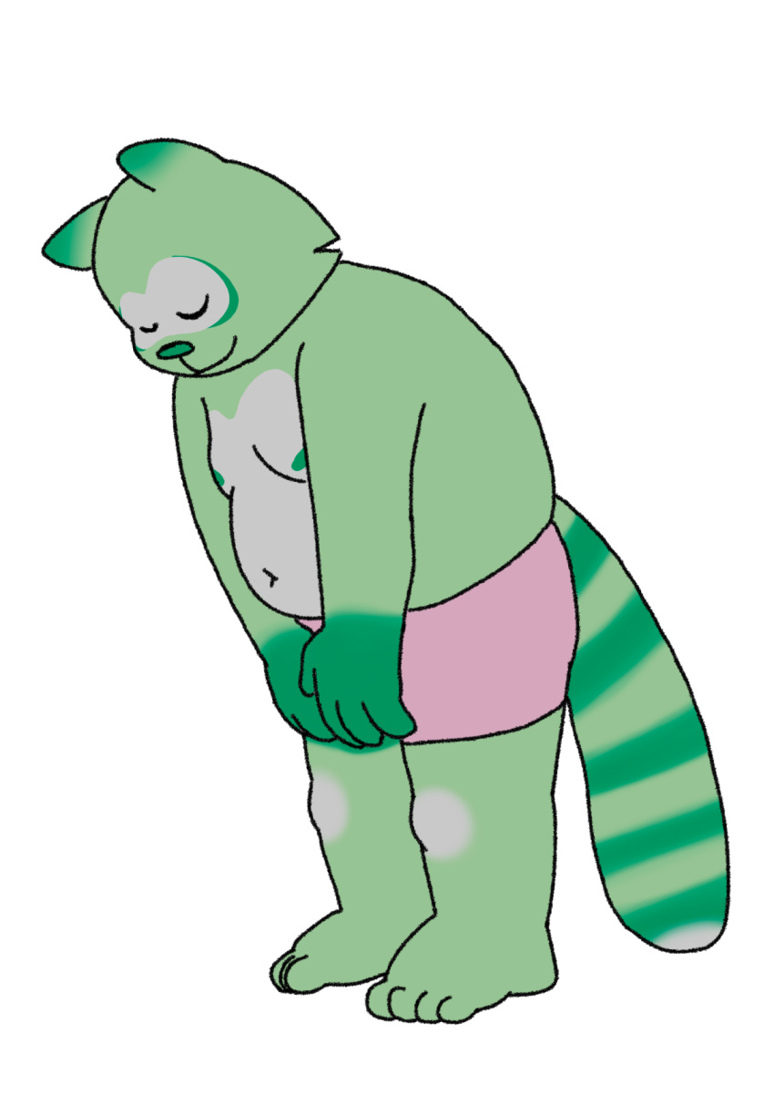 4_fingers 4_toes alpha_channel anthro bottomwear closed_eyes clothing digital_media_(artwork) feet fingers fred_(fredrick_brennan) fur green_body green_fur hi_res male mammal mouth_closed navel nipples overweight overweight_male pocketfurry procyonid raccoon shorts slightly_chubby solo toes