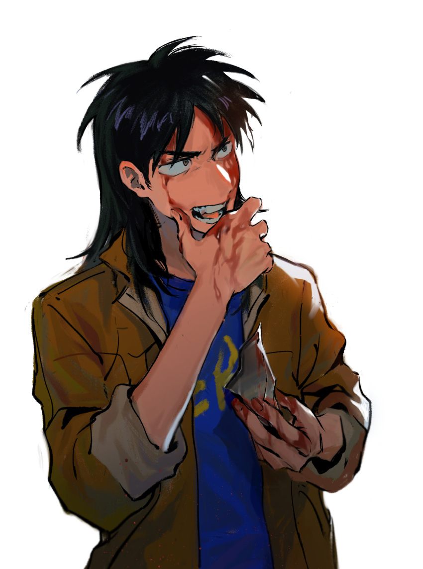 1boy blonde_hair blood blood_on_face blood_on_hands blue_shirt brown_eyes brown_jacket chinese_commentary commentary_request fingernails glass_shard glass_shards hand_on_own_chin highres holding holding_glass_shard itou_kaiji jacket kaiji long_hair looking_afar male_focus medium_bangs open_clothes open_jacket open_mouth partial_commentary shirt simple_background siralkali sleeves_rolled_up solo teeth upper_body white_background