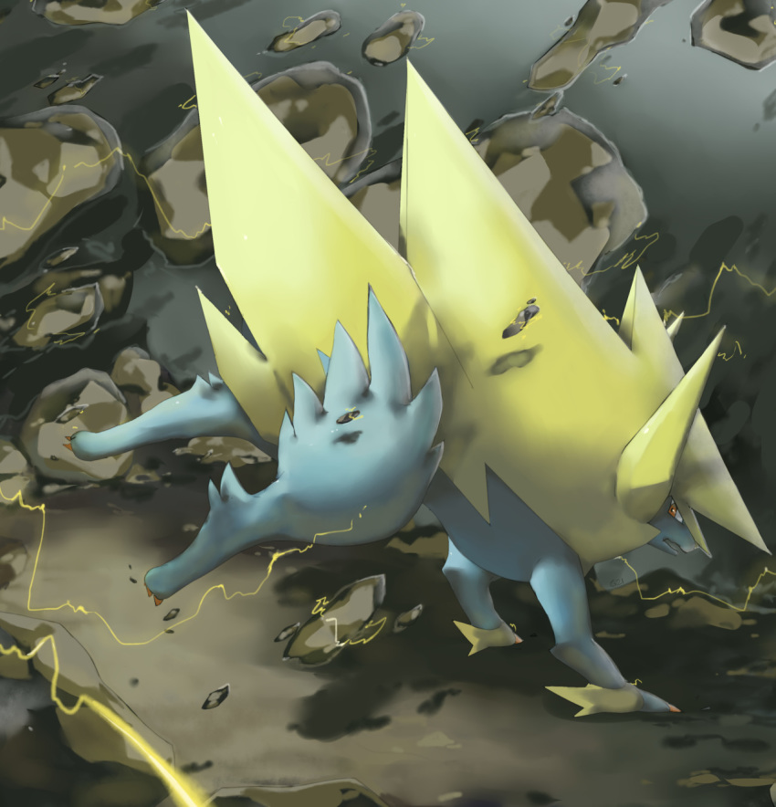 brown_eyes claws commentary electricity english_commentary full_body highres manectric mega_manectric mega_pokemon no_humans pinkgermy pokemon pokemon_(creature) rock solo