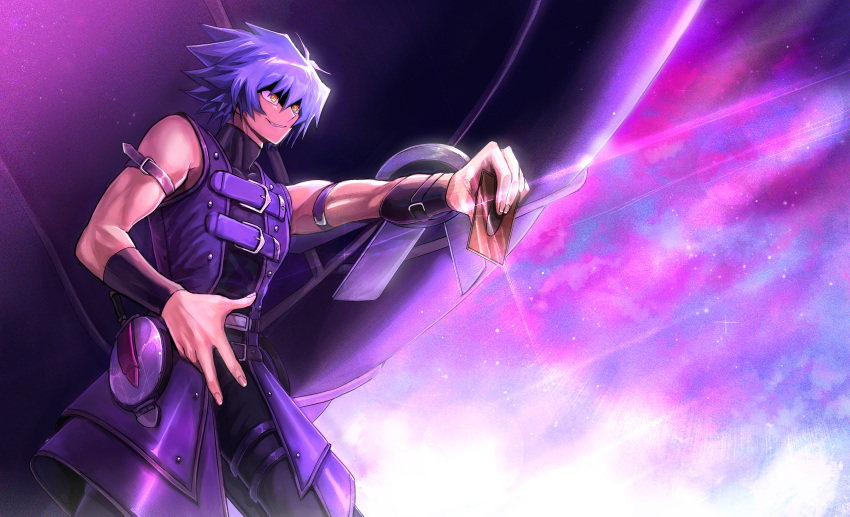 1boy absurdres arm_strap black_pants blue_hair card cowboy_shot dark_persona grin hair_between_eyes highres holding holding_card johan_andersen long_hair male_focus natsukusa_(hacho129) outstretched_arm pants sleeveless smile solo standing yellow_eyes yu-gi-oh! yu-gi-oh!_gx