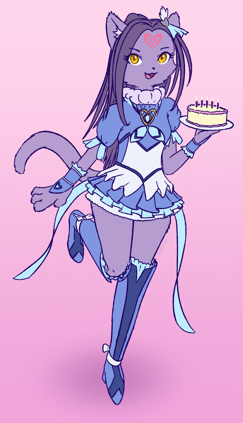 2020 accessory anthro boots cake clothed clothing dessert digital_media_(artwork) domestic_cat dress ellen_kurokawa felid feline felis female food footwear fur hair hair_accessory hair_ribbon hi_res kemono knee_boots knee_highs legwear looking_at_viewer mammal open_mouth pretty_cure purple_body purple_fur purple_hair pyritie ribbons simple_background solo suite_precure yellow_eyes