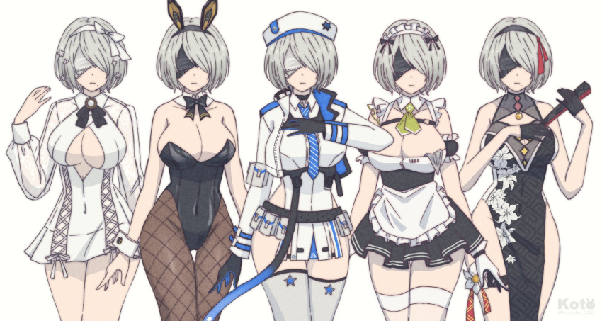 2b_(nier:automata) animal_ears apron arm_cuffs bare_shoulders belt beret black_belt black_blindfold black_dress black_gloves black_leotard black_ribbon blindfold blue_necktie blunt_bangs blush braid breasts broom chest_strap china_dress chinese_clothes cleavage cleavage_cutout clothing_cutout collared_shirt cosplay covered_eyes covered_navel cropped_jacket detached_collar detached_sleeves dress earrings fake_animal_ears female fishnet_pantyhose fishnets flower frills gloves goddess_of_victory:_nikke hair_ribbon hand_fan hat highleg highleg_leotard highres holding holding_fan i_(kotombre_0370) jewelry leotard maid maid_apron maid_headdress military_hat necktie nier:automata nier_(series) no_panties noir_(nikke) noir_(nikke)_(cosplay) noise_(cherry_blossom_stage)_(nikke) noise_(nikke) noise_(nikke)_(cosplay) open_mouth pantyhose pleated_dress pleated_skirt puffy_short_sleeves puffy_sleeves rabbit_ears rapi_(nikke) rapi_(nikke)_(cosplay) ribbon see-through see-through_sleeves shirt short_hair short_sleeves simple_background skirt sleeveless soda_(nikke) soda_(nikke)_(cosplay) strap strapless strapless_leotard suspenders thigh_gap thigh_strap thighhighs thighs two-tone_gloves white_background white_blindfold white_dress white_flower white_gloves white_hair white_ribbon white_shirt white_thighhighs yan_(nikke) yan_(nikke)_(cosplay)