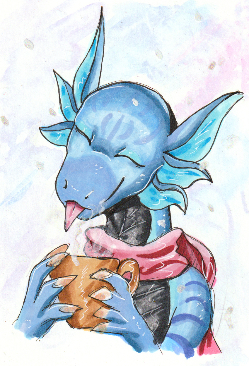 anthro beverage claws closed_eyes coffee coffee_mug dragon dreameroftheblue ear_fins female fin hi_res holding_object mythological_creature mythological_scalie mythology norna reptile scalie scarf smile snow solo steam striped_body stripes tongue tongue_out traditional_media_(artwork)