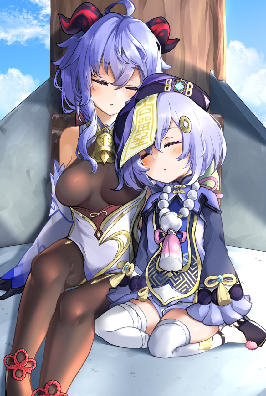 2girls bead_necklace beads bell black_hair black_legwear blush bodystocking breasts closed_eyes cowbell day full_body ganyu_(genshin_impact) genshin_impact goat_horns hat highres horns jewelry jiangshi leglus multiple_girls necklace open_mouth purple_hair qiqi_(genshin_impact) shorts sky sleeping thighhighs tree under_tree