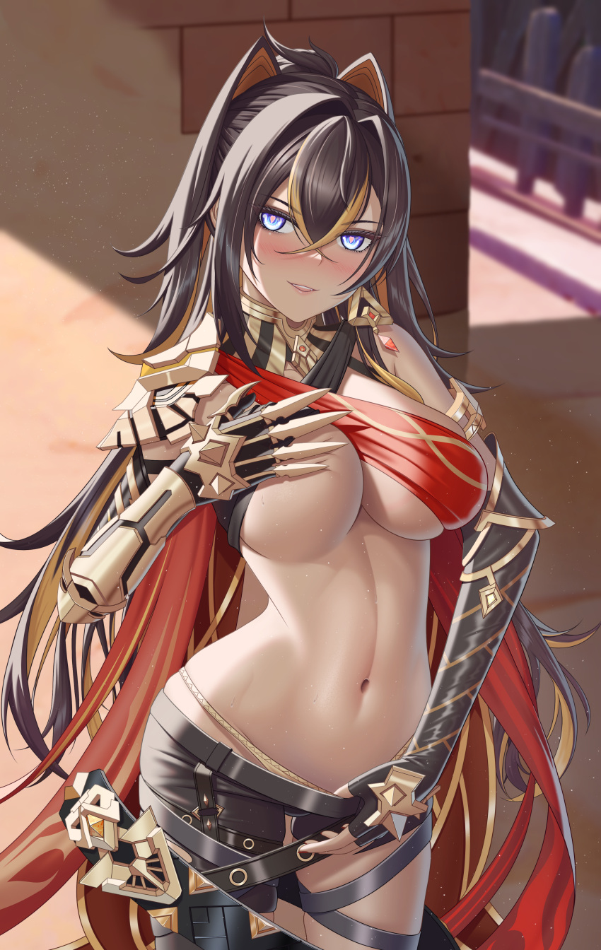 :d absurdres bare_shoulders belt black_belt black_gloves black_hair blue_eyes breasts chinese_commentary commentary_request cowboy_shot criss-cross_halter dehya_(genshin_impact) female genshin_impact gloves hair_between_eyes hair_intakes halterneck highres jewelry large_breasts long_hair looking_at_viewer navel neck_ring pointy_hair smile solo standing stomach suzhi2333 thighs very_long_hair