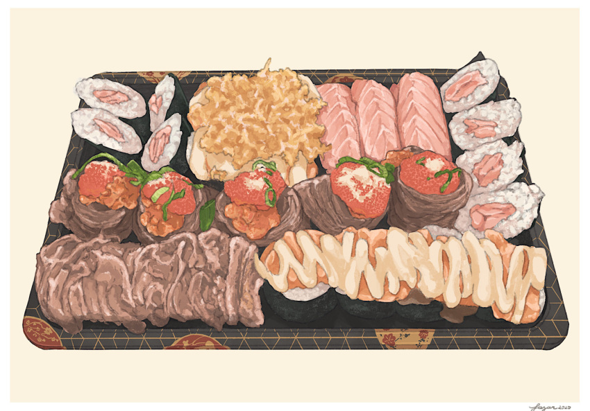 commentary_request fajar_kurniawan fish_(food) food food_focus makizushi no_humans nori_(seaweed) original rice roe salmon sashimi seaweed simple_background sushi