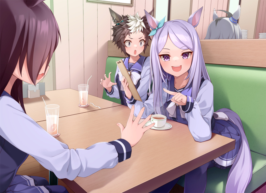 4girls animal_ears black_hair blush commentary glass horse_ears horse_girl horse_tail looking_at_viewer mejiro_dober_(umamusume) mejiro_mcqueen_(umamusume) mejiro_ryan_(umamusume) mofu_namako multiple_girls oguri_cap_(umamusume) open_mouth plate school_uniform short_hair sitting surprised tail tracen_school_uniform umamusume