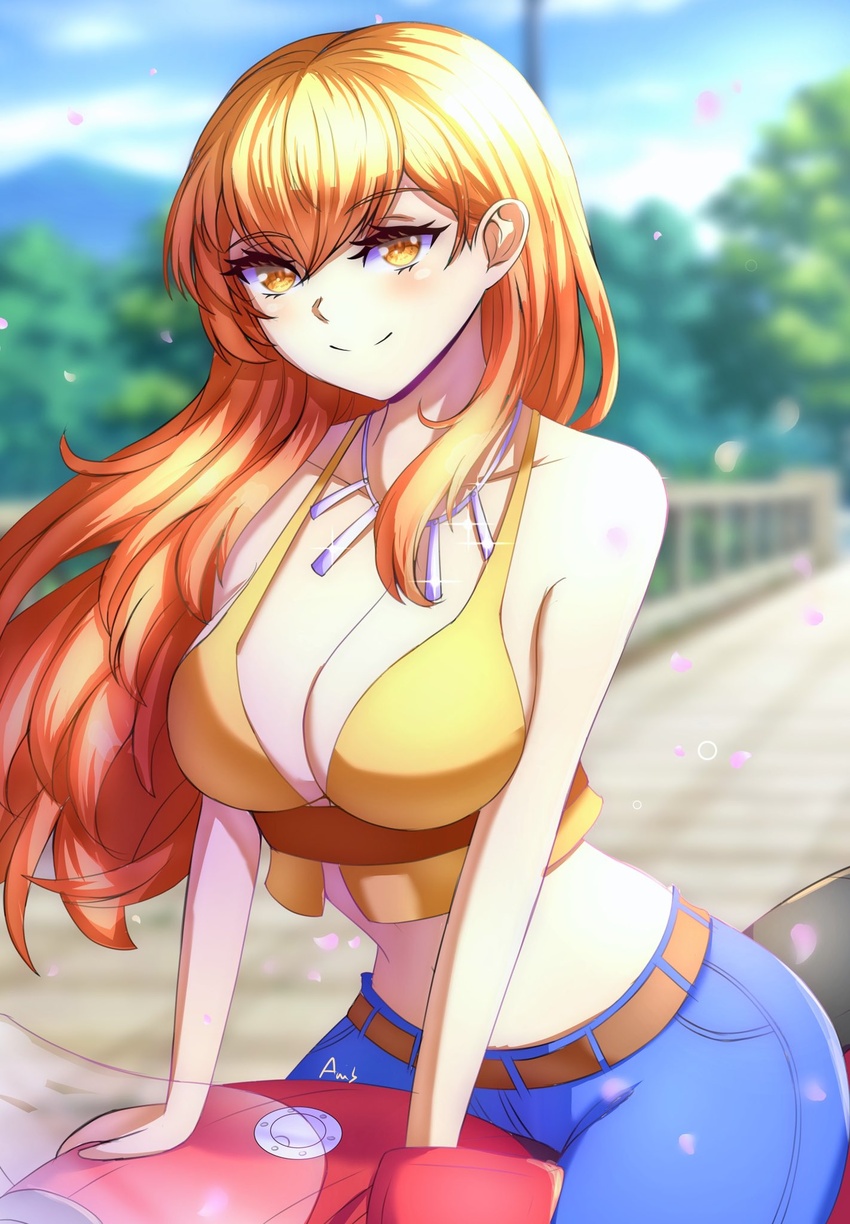 anisdrawn belt blue_sky blurry blurry_background breasts bridge cleavage commission crop_top day denim female highres jeans jewelry joy_(shenmue) large_breasts leaning_forward leaning_on_object long_hair looking_at_viewer midriff motor_vehicle motorcycle navel necklace on_motorcycle orange_eyes orange_hair outdoors pants petals shenmue shenmue_ii shenmue_the_animation shirt sitting sky sleeveless smile solo sparkle yellow_shirt