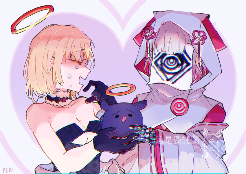 2girls bad_id bad_twitter_id blonde_hair blunt_bangs cloak cosplay halo highres hololive hololive_english hood hood_up little_roseus mask multiple_girls ninomae_ina'nis ninomae_ina'nis_(cosplay) personification pink_hair sleeves_past_fingers sleeves_past_wrists takodachi_(ninomae_ina'nis) virtual_youtuber wahtcher_(ninomae_ina'nis) watson_amelia white_cloak