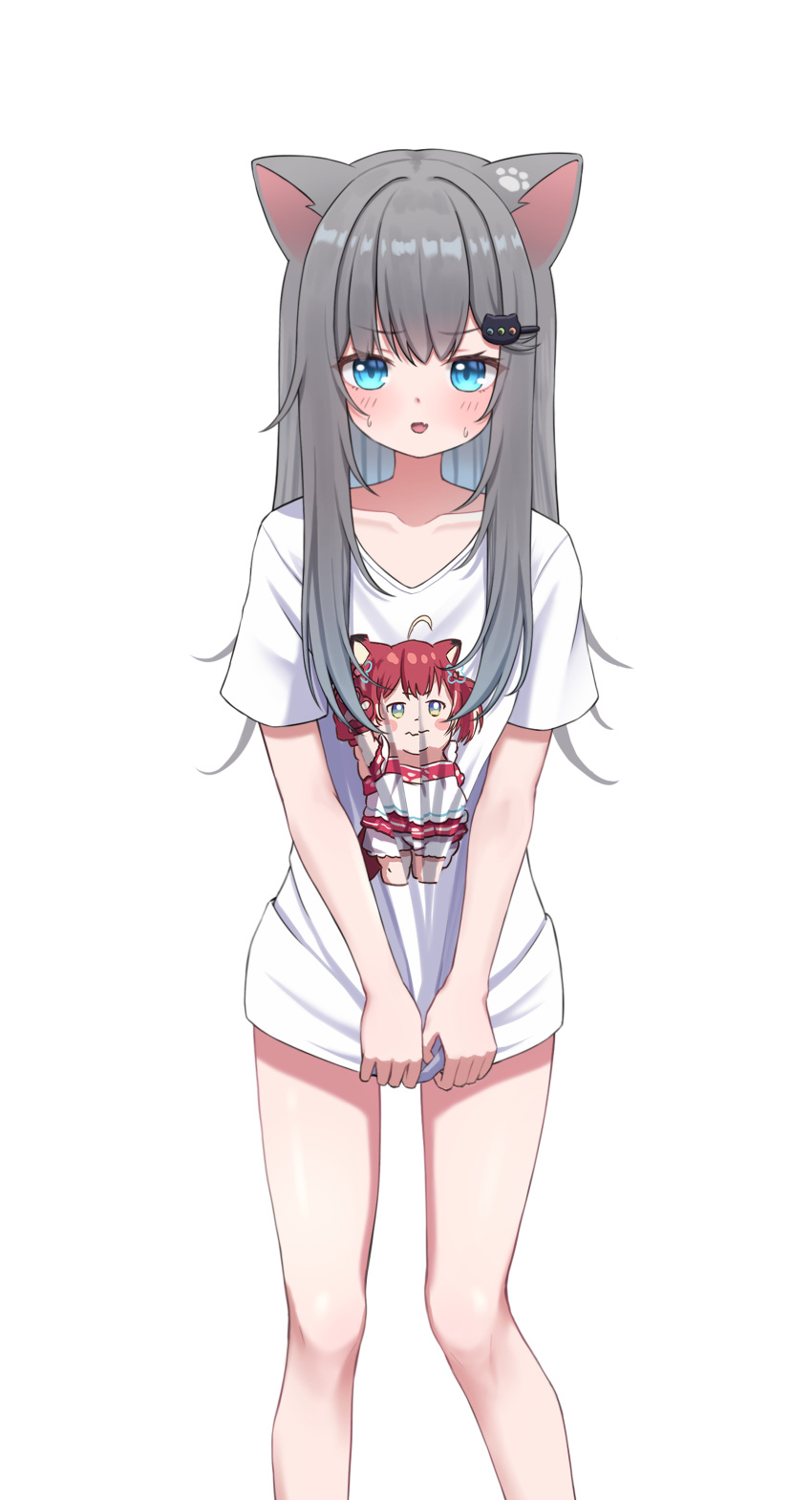 >:( absurdres akami_karubi animal_ears blue_eyes cat_ears cat_girl character_print commentary embarrassed female grey_hair harupuri913 highres indie_virtual_youtuber long_hair looking_at_viewer nachoneko nervous_smile no_pants oerba_yun_fang shirt shirt_tug simple_background skin_fang smile sweat v-shaped_eyebrows virtual_youtuber white_background white_shirt