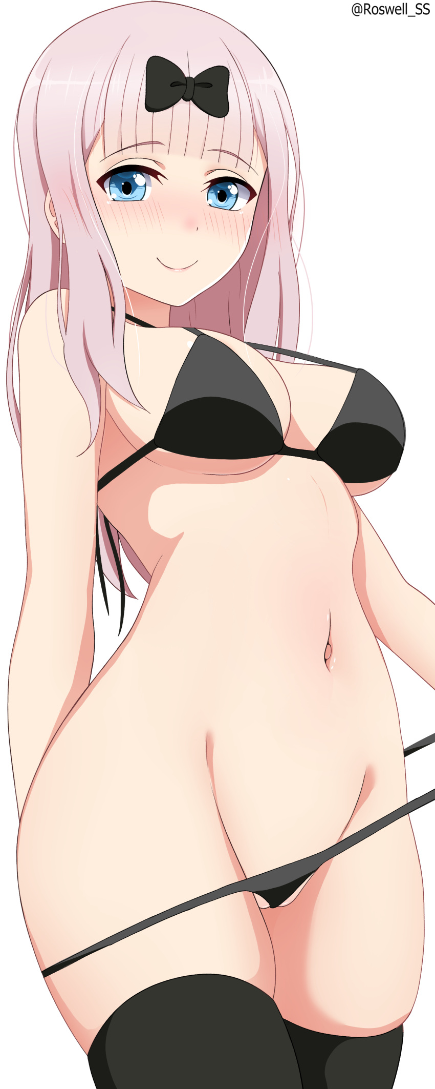 absurdres areola_slip bikini bikini_pull black_bikini black_bow black_thighhighs blue_eyes blunt_bangs blush bow breasts closed_mouth clothes_pull commentary cowboy_shot curvy english_commentary female from_below frontal_wedgie fujiwara_chika groin hair_ornament hairbow highres kaguya-sama_wa_kokurasetai_~tensai-tachi_no_renai_zunousen~ large_breasts long_hair looking_at_viewer navel nose_blush paid_reward_available partially_visible_vulva pink_hair pulling_own_clothes roswell_ss seductive_smile sidelocks simple_background skindentation smile solo standing stomach strap_gap swimsuit thighhighs thighs thong_bikini twitter_username white_background