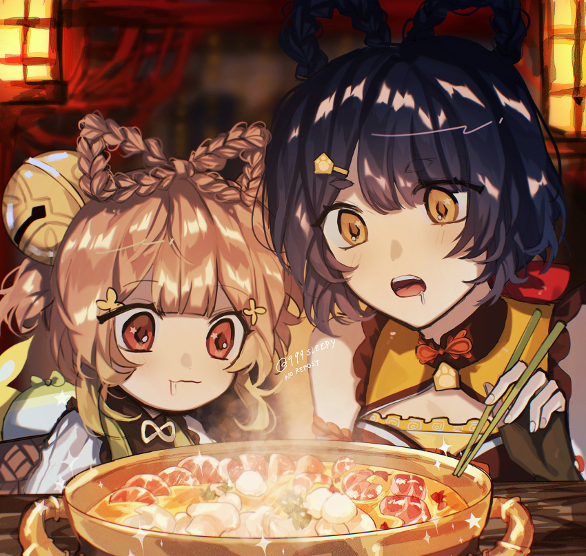 2girls adeptus'_temptation_(genshin_impact) bare_shoulders blue_hair blurry blurry_background bow-shaped_hair bowl braid braided_hair_rings brown_hair china_dress chinese_clothes chopsticks closed_mouth dress drooling food genshin_impact hair_ornament hair_rings hairclip highres holding holding_chopsticks looking_at_food multiple_girls open_mouth qiqi_(999sleepy) red_eyes short_hair sleeveless xiangling_(genshin_impact) yaoyao_(genshin_impact) yellow_eyes