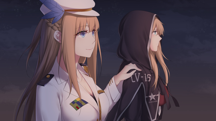 2girls aiguillette black_bra black_cloak blue_eyes bra bra_peek braid breasts cartonbox_(zhixiang_zhi) chinese_commentary cloak commentary feather_hair_ornament feathers french_braid hair_ornament hand_on_another's_shoulder hat highres hood hood_up hooded_cloak large_breasts lexington_(cv-16)_(warship_girls_r) lexington_(warship_girls_r) long_sleeves multiple_girls outdoors platinum_blonde_hair shirt smile underwear warship_girls_r white_headwear white_shirt