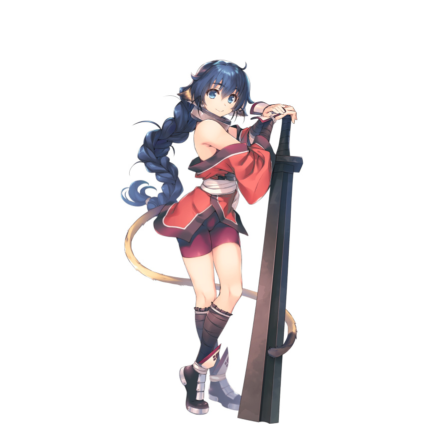 amazuyu_tatsuki animal_ears bike_shorts blue_eyes blue_hair braid collar female full_body heel_up highres holding holding_sword holding_weapon huge_weapon karulau kneehighs long_hair long_sleeves non-web_source official_art own_hands_together single_braid smile socks solo standing sword tail transparent_background utawarerumono utawarerumono:_lost_flag weapon