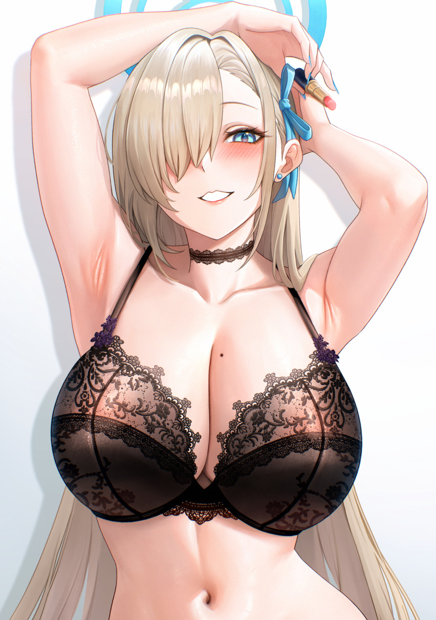 absurdres aki_yama73 armpits arms_up asuna_(blue_archive) black_bra black_choker blue_archive blue_eyes blue_halo blue_ribbon blush bra breasts choker cleavage commentary_request earrings female hair_intakes hair_over_one_eye hair_ribbon halo highres jewelry lace-trimmed_bra lace-trimmed_choker lace_trim large_breasts light_brown_hair lipstick long_hair looking_at_viewer makeup mole mole_on_breast navel ribbon simple_background smile solo stud_earrings underwear underwear_only very_long_hair white_background