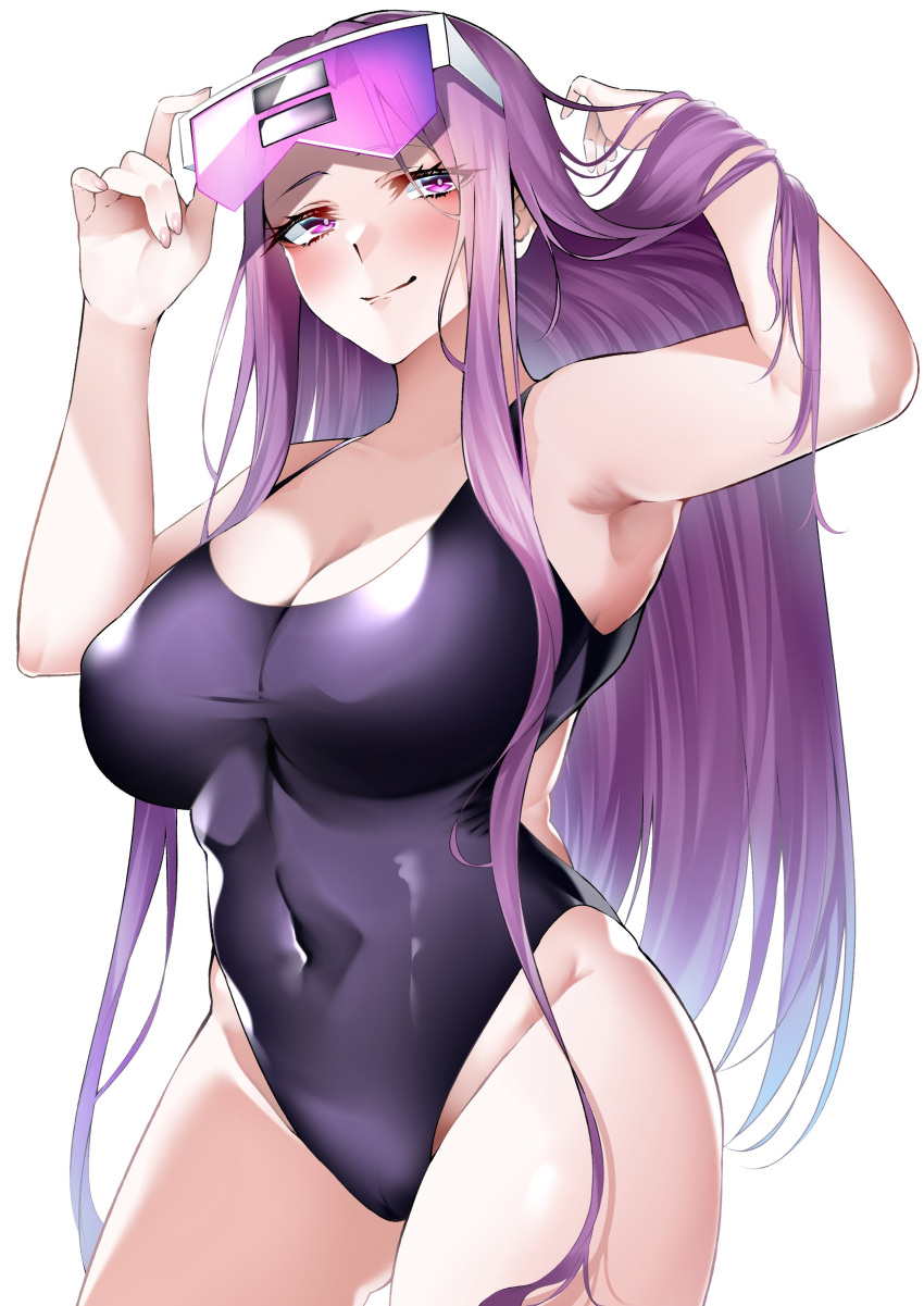 absurdres bare_shoulders black_one-piece_swimsuit blush breasts cleavage collarbone covered_navel fate/grand_order fate_(series) female forehead highleg highleg_one-piece_swimsuit highres large_breasts len_(hand_linke) long_hair looking_at_viewer medusa_(fate) medusa_(rider)_(fate) one-piece_swimsuit parted_bangs purple_eyes purple_hair sidelocks smile solo sunglasses swimsuit thighs very_long_hair