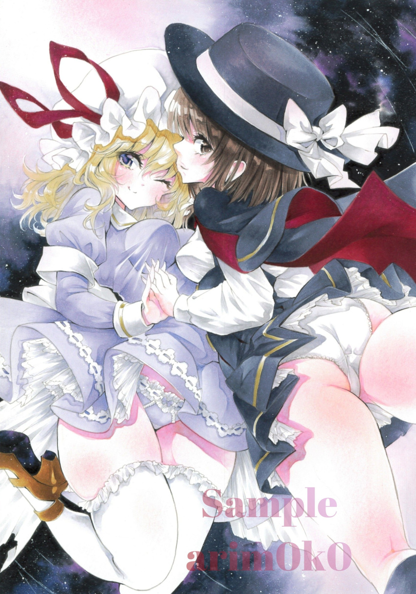 2girls absurdres arim0k0 artist_name ass black_hat blonde_hair blush breasts brown_eyes brown_hair closed_mouth commentary dress fedora hat highres maribel_hearn marker_(medium) multiple_girls one_eye_closed panties purple_dress purple_eyes sample_watermark short_hair smile thighhighs touhou traditional_media underwear usami_renko watermark white_panties white_thighhighs