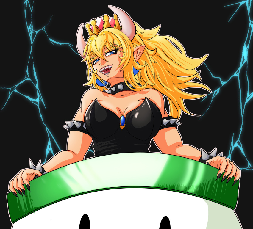 2021 absurd_res blonde_hair blue_eyes bowser bowsette_meme claws clothing clown_copter collar corset crown digital_drawing_(artwork) digital_media_(artwork) digital_painting_(artwork) ear_piercing ear_ring electricity female geminart hair headgear hi_res horn humanoid koopa laugh lightning lingerie looking_at_viewer mario_bros meme nintendo not_furry piercing ring_piercing scalie sharp_teeth solo spiked_clothing spiked_collar spikes super_crown teeth topwear