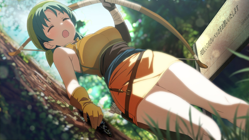 ahonoko arrow_(projectile) bandana blurry blurry_background bow_(weapon) breasts dress female fire_emblem fire_emblem:_the_blazing_blade forest gloves green_bandana green_hair highres holding holding_bow_(weapon) holding_weapon nature open_mouth orange_dress outdoors quiver rebecca_(fire_emblem) sleeveless sleeveless_dress solo teardrop tree weapon yawning