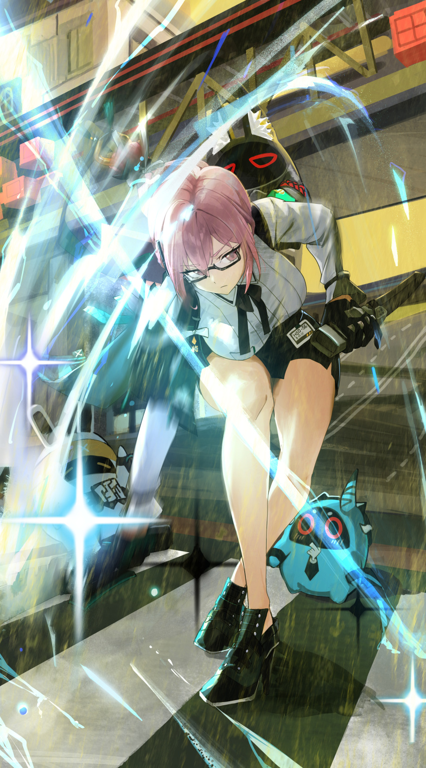 absurdres asaba_harumasa asaba_harumasa_bangboo bangboo_(zenless_zone_zero) bent_over black_footwear black_gloves black_skirt breasts closed_mouth female from_side full_body glasses gloves hair_between_eyes hanasawa_(hanasawa062) high-waist_skirt highres holding holding_polearm holding_weapon hoshimi_miyabi hoshimi_miyabi_bangboo large_breasts lightning long_hair naginata outdoors pencil pink_eyes pink_hair polearm serious shirt skirt solo soukaku_(zenless_zone_zero) soukaku_bangboo standing tsukishiro_yanagi weapon white_shirt zenless_zone_zero