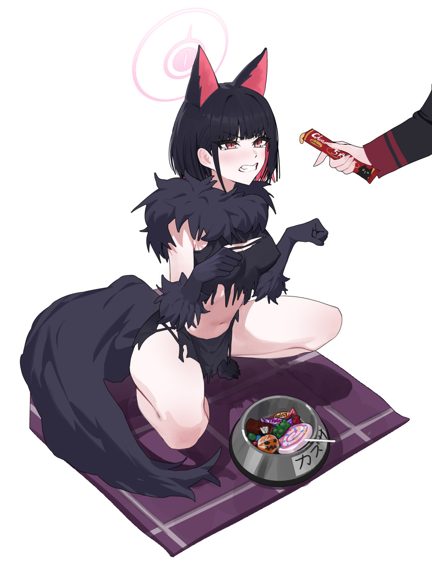 1other absurdres animal_ears black_gloves black_hair black_skirt blue_archive bowl cat_ears cat_girl clenched_teeth colored_inner_hair commentary_request crop_top extra_ears female food fur-trimmed_gloves fur_scarf fur_trim gloves halloween_costume highres holding holding_food kazusa_(blue_archive) kazusa_(halloween)_(blue_archive) looking_at_another multicolored_hair navel official_alternate_costume pet_bowl pink_hair red_eyes short_hair skirt squatting stomach sweets tanuking tearing_up teeth thighs torn_clothes werewolf_costume