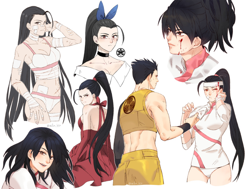 1boy :< :d backless_dress backless_outfit bandage_on_face bandaged_neck bandages bandaid bandaid_on_face bandaid_on_nose bare_shoulders black_choker black_hair blood blood_on_face blush bra bright_pupils brown_eyes choker dress female frown giving highres ii_naotora_(sengoku_basara) khirzava long_hair looking_at_object looking_at_viewer multiple_views official_alternate_hairstyle panties red_dress red_eyes sengoku_basara short_hair smile tokugawa_ieyasu_(sengoku_basara) underwear white_pupils