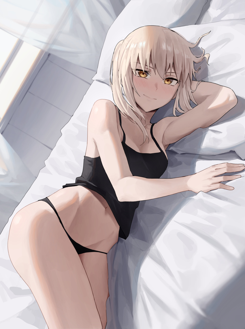 artoria_pendragon_(fate) bed_sheet black_camisole black_panties blonde_hair blush breasts camisole cleavage fate/grand_order fate_(series) female highres looking_at_viewer lying medium_breasts medium_hair navel on_side panties pillow saber_alter saber_alter_(ver._shinjuku_1999)_(fate) sarhce sidelocks solo thighs underwear yellow_eyes