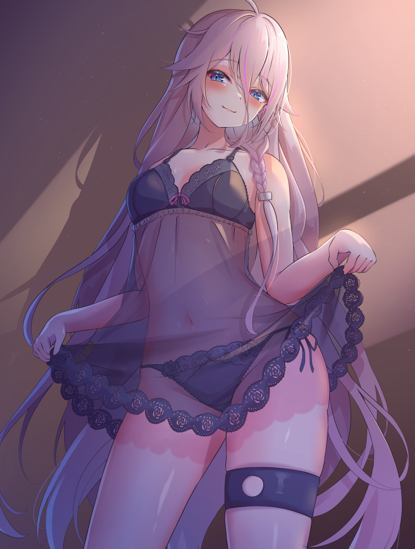 absurdres ahoge alternate_costume bare_arms bare_shoulders black_negligee black_panties blue_eyes blush braid breasts cevio closed_mouth collarbone commentary_request cowboy_shot female hair_between_eyes hair_flaps hatyomugi00 head_tilt highres ia_(vocaloid) lace-trimmed_panties lace_trim long_hair looking_at_viewer negligee panties see-through_clothes shadow side_braid single_braid skirt_hold sleeveless smile solo spaghetti_strap standing thigh_strap underwear very_long_hair vocaloid