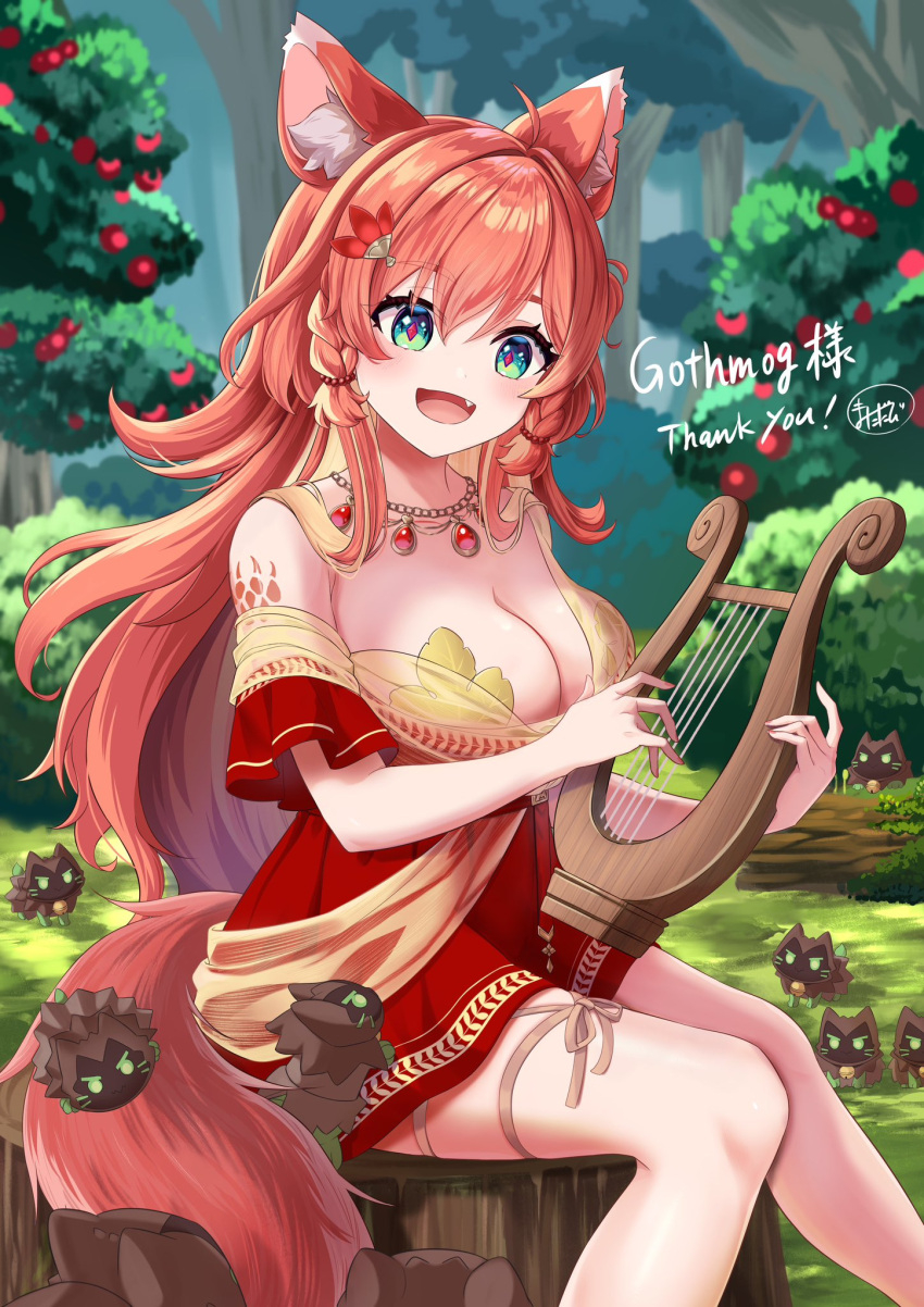 2nibori2 ahoge animal_ear_fluff animal_ears aqua_eyes arm_tattoo breasts bush cleavage commission diamond-shaped_pupils diamond_(shape) female gem gold_necklace grass hair_ornament harp highres holding holding_instrument instrument jewelry leaf_pasties long_hair moss mozumi_pichi mozumi_pichi_(roman) mozzumite_(mozumi_pichi) necklace oerba_yun_fang open_mouth orange_hair red_gemstone red_pupils red_tunic skeb_commission solo symbol-shaped_pupils tail tattoo thank_you tree tree_stump tunic v-dere wolf_ears wolf_girl wolf_tail