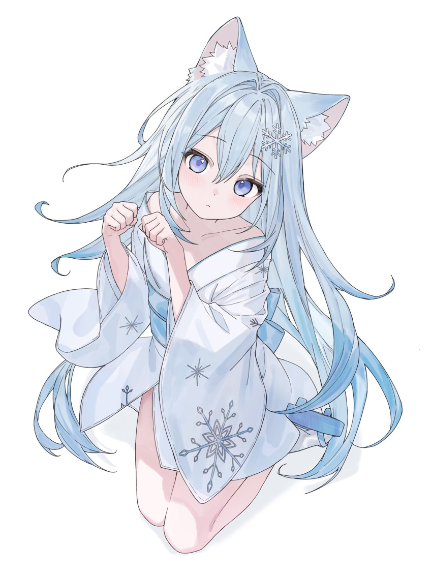 animal_ear_fluff animal_ears blue_eyes blue_footwear blue_hair cat_ears commission female hair_ornament highres japanese_clothes karyln kimono long_hair looking_at_viewer original paw_pose simple_background snowflake_hair_ornament solo white_background white_kimono