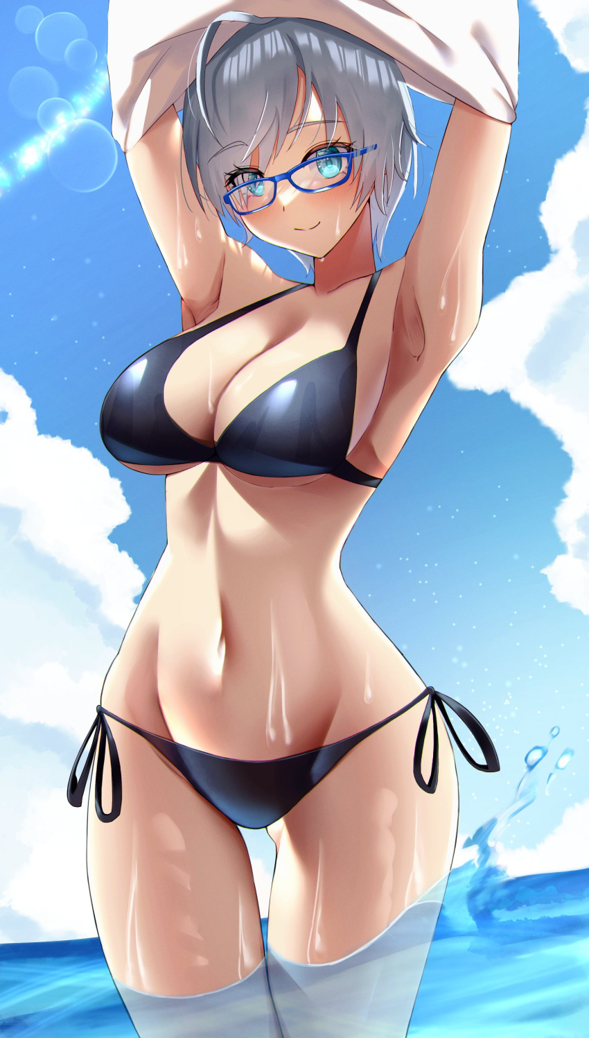 absurdres ahoge arms_up bikini black_bikini blue-framed_eyewear blue_eyes blue_sky breasts cleavage closed_mouth cloud collarbone commentary_request commission day female glasses grey_hair highres katagirinanoka large_breasts navel ocean original outdoors second-party_source shirt short_hair side-tie_bikini_bottom skeb_commission sky smile solo standing swimsuit thighs undressing wading water white_shirt