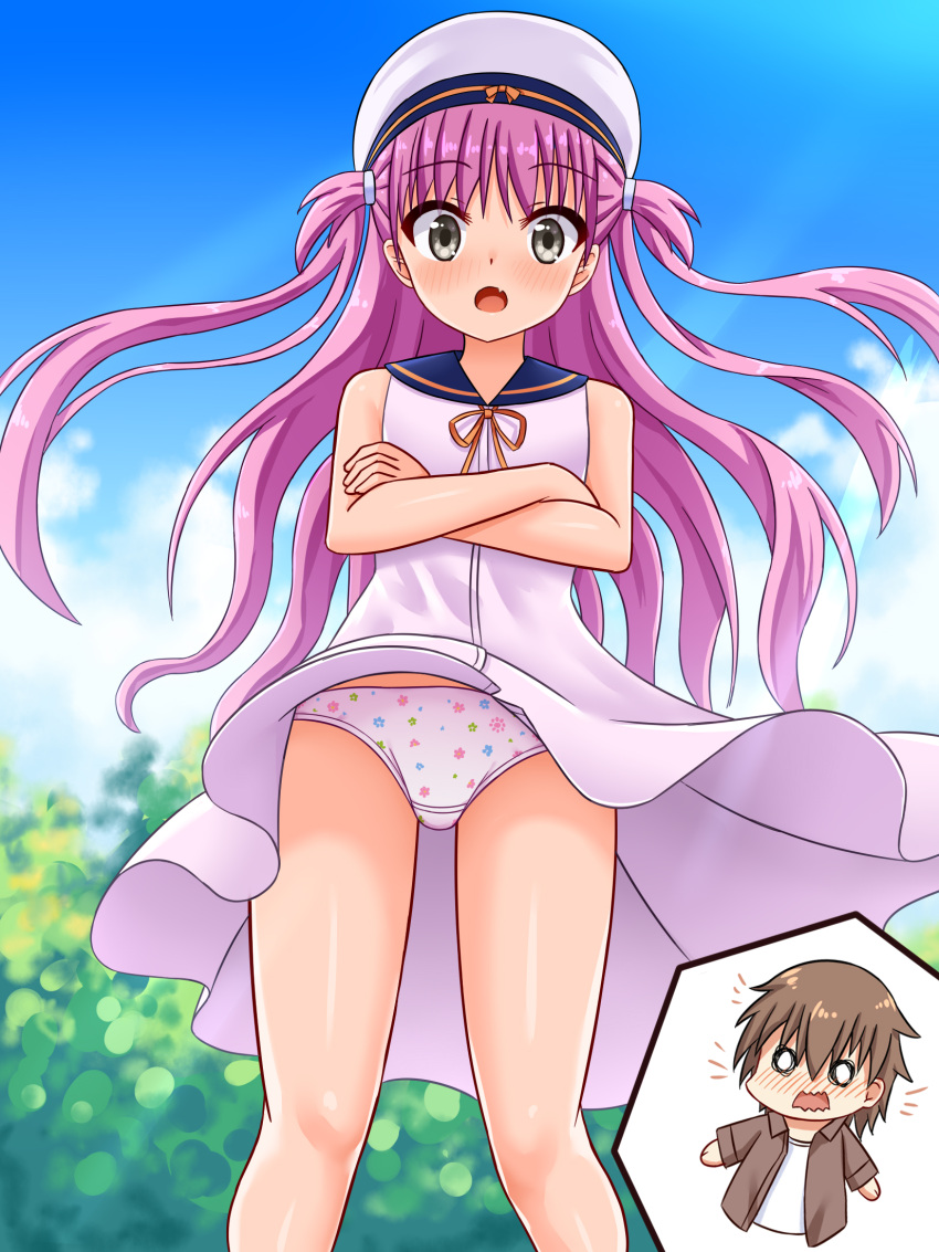 1boy :o blue_sailor_collar blue_sky blush brown_hair chibi chibi_inset clothes_lift commentary_request crossed_arms day dress dress_lift embarrassed feet_out_of_frame female floating_hair floral_print floral_print_panties grey_eyes hat highres katou_umi long_hair looking_at_viewer nose_blush o_o oerba_yun_fang open_mouth outdoors panties pantyshot pink_hair print_panties ribbon sailor_collar sailor_dress sailor_hat short_hair skin_fang sky sleeveless sleeveless_dress solo_focus standing straight straight-on summer_pockets sunlight surprised tamba_i thighs two_side_up underwear very_long_hair wavy_mouth white_dress white_hat white_panties wide-eyed wind wind_lift yellow_ribbon